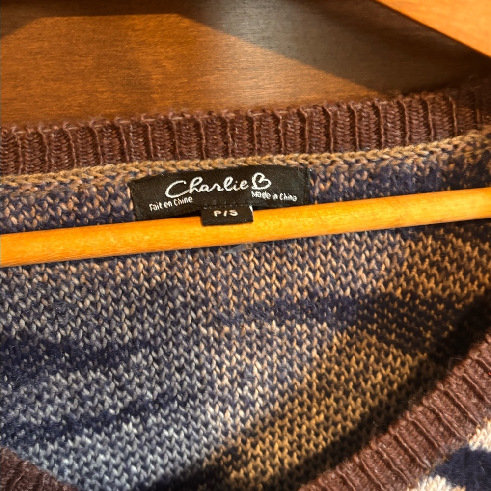 CHARLIE B Blue and Brown Patterned V-Neck Sweater - Picture 3 of 4